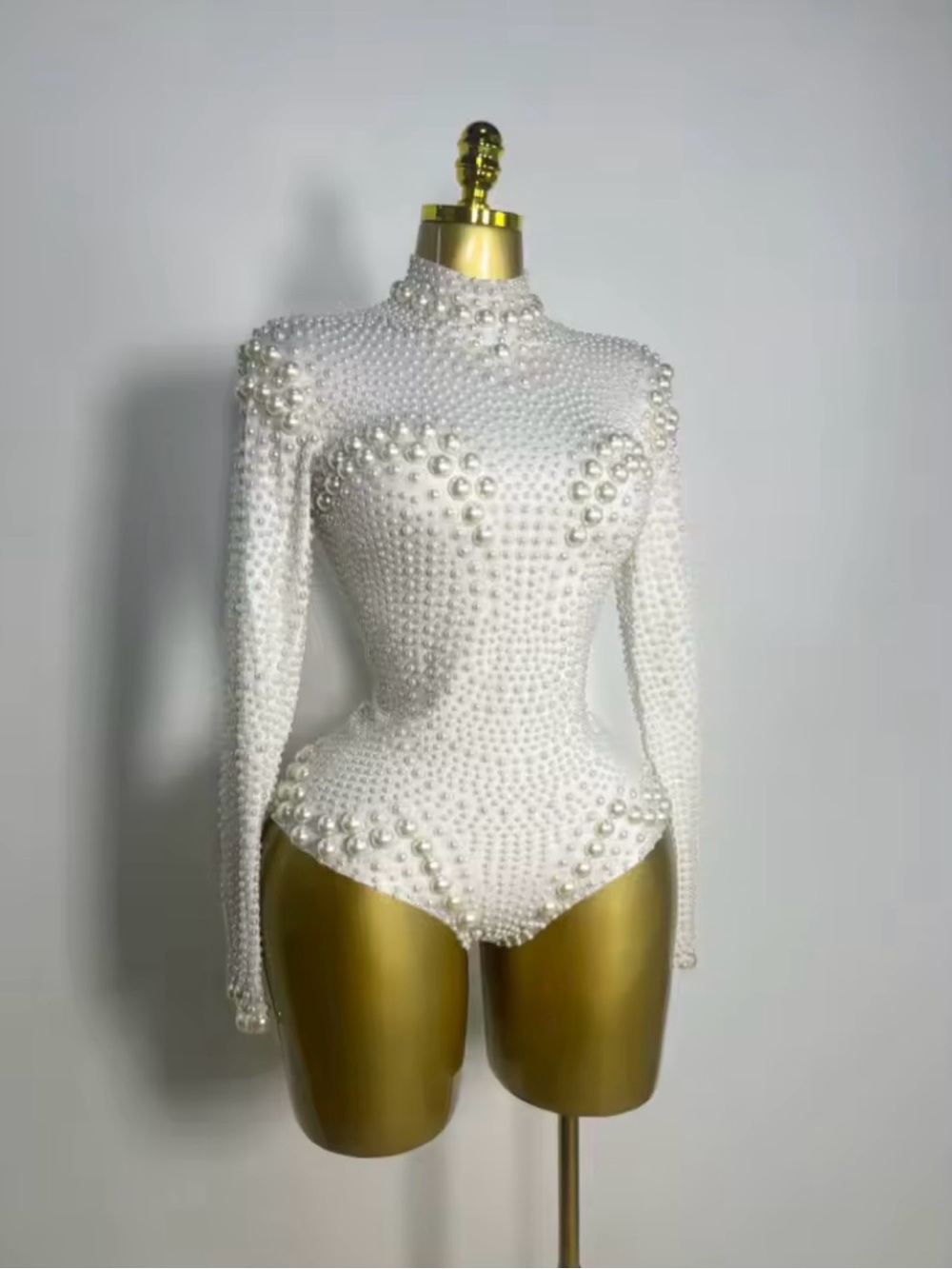 White Pearl-Embellished Long-Sleeve Bodysuit